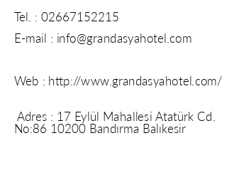 Grand Asya Hotel iletiim bilgileri